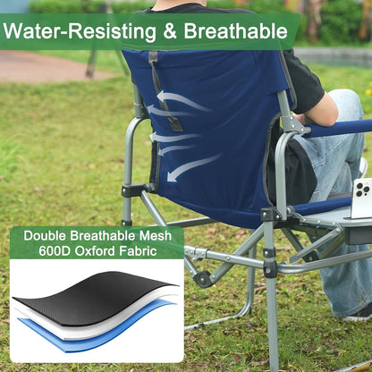 Romswi 2PK Folding Director Chairs, Camping Chair for Outdoor, Compact Directors Chair with Side Table Side Bag, Heavy Duty Oversize Seat for Beach Fishing Picnic Chairs, Holds up to 300 lbs Blue