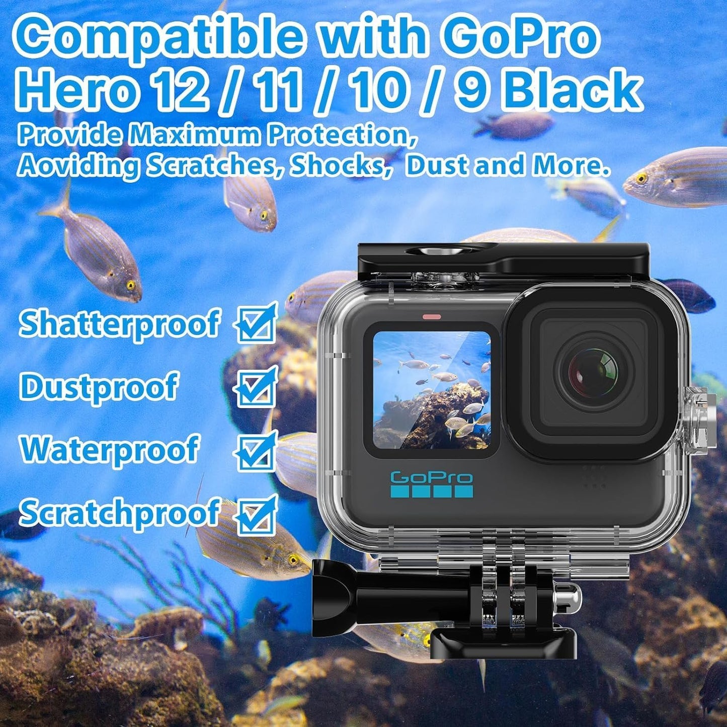 HONGDAK Waterproof Housing Case Accessories Kit 16in1 for Gopro Hero 12 11 10 9 Black,196FT/60M Underwater Protective Housing Dive Kit with Float Handle Sleeve Lens Cap Filters Anti-Fog Inserts