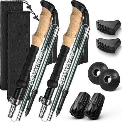 COVACURE Cork Handle Trekking Poles - Collapsible Hiking Sticks with Anti-Shock Tips, Lightweight & Foldable Walking Sticks for Snow Trails & Mountain Climbs, Durable Trekking Gear for Men and Women