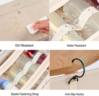 Hanke Hanging Travel Toiletry Bag for Women with Jewelry Organizer Compartment, Travel Essentials Toiletries and Makeup Bag, Water-Resistant & Stain-Resistant with Trolley Strap (Apricot)