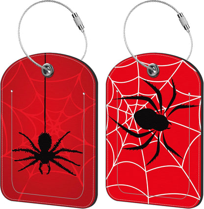 Spider on Spider Web Luggage Tag for Suitcase Set of 2 PU Leather Cute Luggage Tags with Stainless Metal Loop ID Label Privacy Flap Suitcase Tags for Women and Men Travel