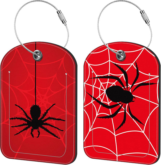Spider on Spider Web Luggage Tag for Suitcase Set of 2 PU Leather Cute Luggage Tags with Stainless Metal Loop ID Label Privacy Flap Suitcase Tags for Women and Men Travel