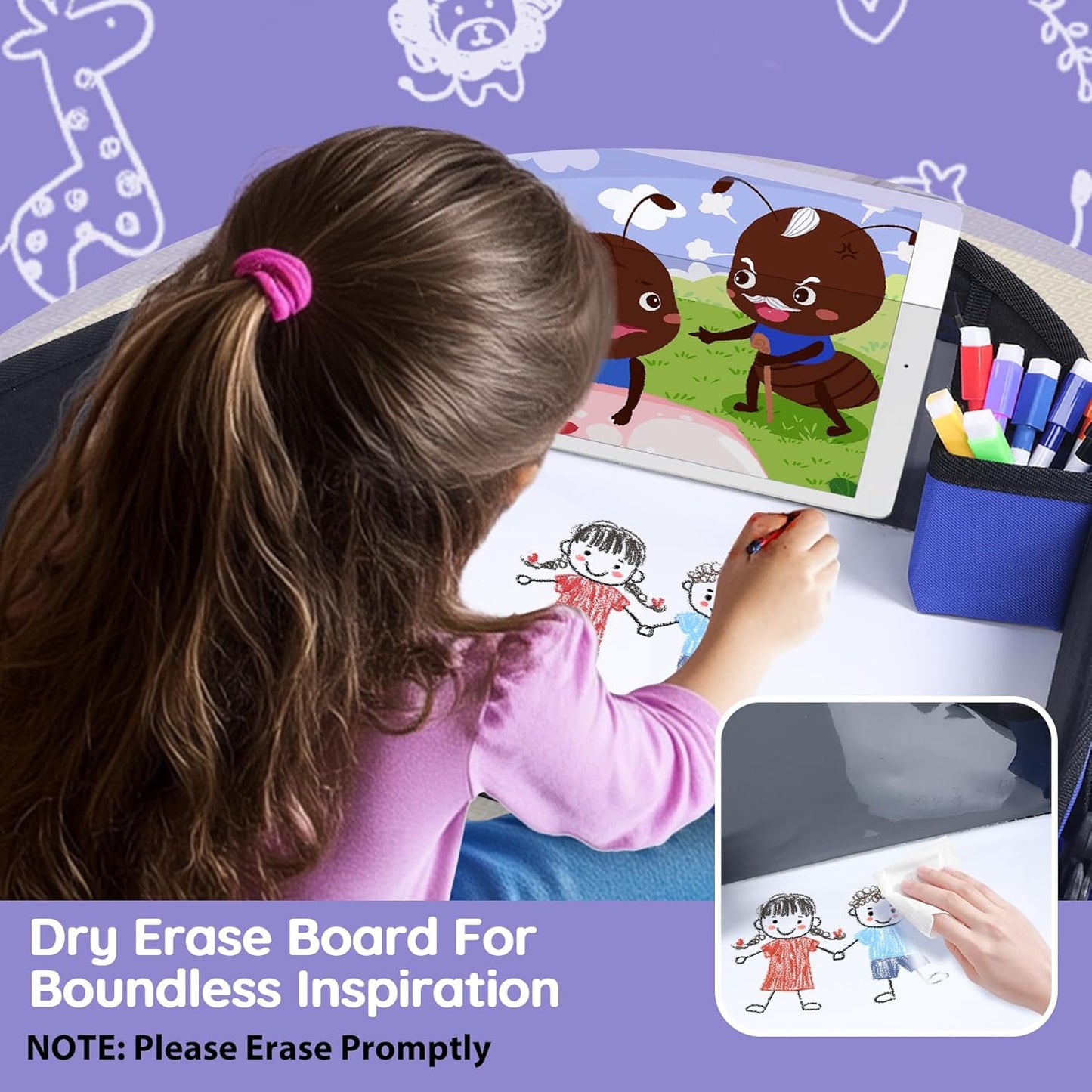 2Pcs‎ Kids Travel Tray, Kids Travel Trays for Car Seat, Road Trip Essentials for Toddler, Carseat Lap Tray with Dry Erase Board & Storage Organizer for Road Trip Activities for Kid, Blue