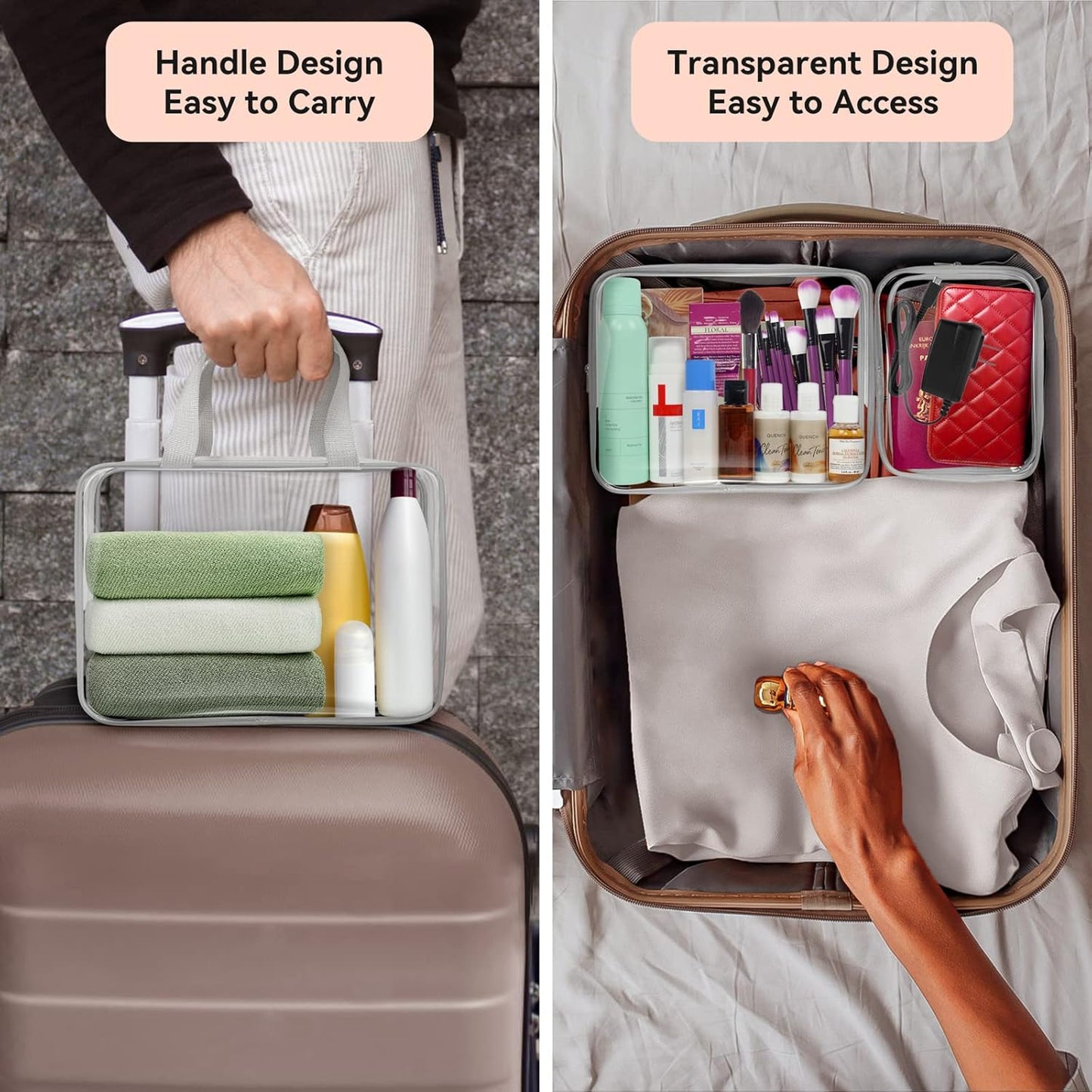 TISRATOK 10 PCS Clear Travel Makeup Toiletry Bag, Plastic PVC Cosmetic TSA Approved Organizer Kit with Zipper Handbag（Grey）