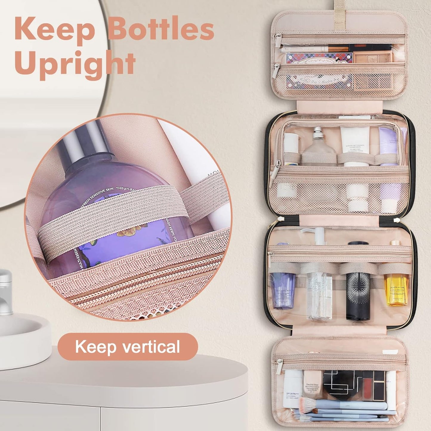 Wedama Toiletry Bag for Women, Medium Cosmetic Travel Bag, Hanging Toiletry Bag for Bathroom, Thickened PVC Waterproof Makeup Bag, Toiletries Bag for Travel Business Trips and Camping, Black