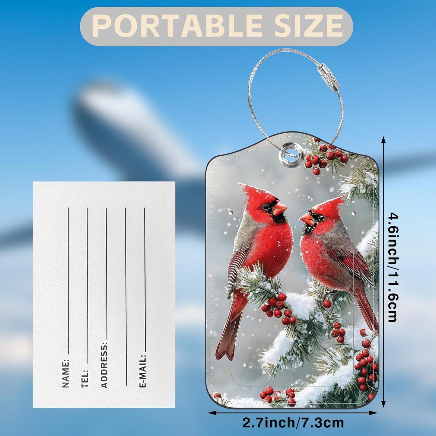 Red Cardinals on Snowy Branches Set of 2 Luggage Tags for Suitcases Leather Suitcase Tags Identifiers with Privacy Name Address Label and Stainless Steel Loop for Women Men Travel Luggage Accessories