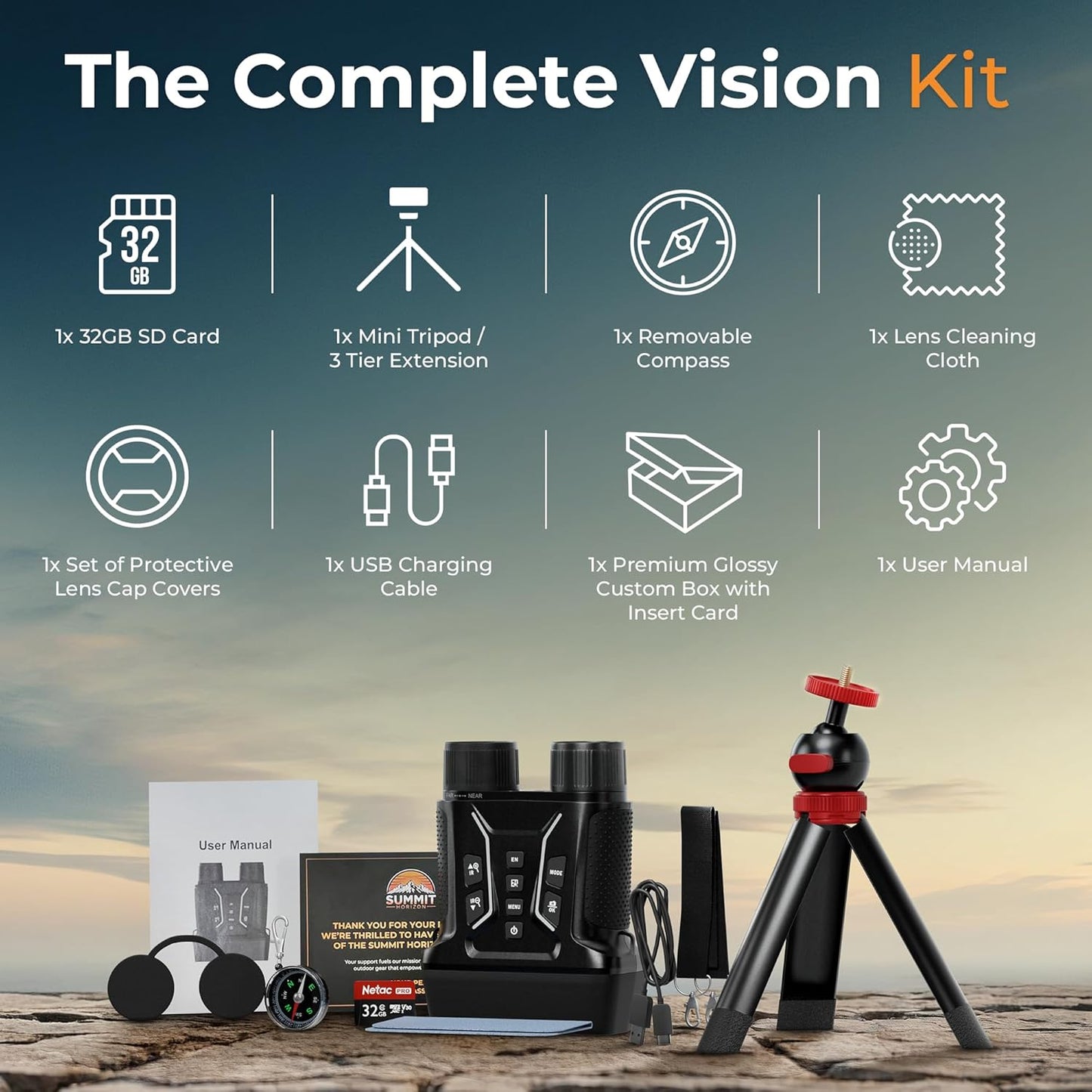 4k Night Vision Goggles for Adults - Hunting Night Vision Binoculars with Camera, Tripod, 32GB FT Card, Compass - 8X Zoom Infrared Goggles Digital Binoculars, Nightvision for Camp