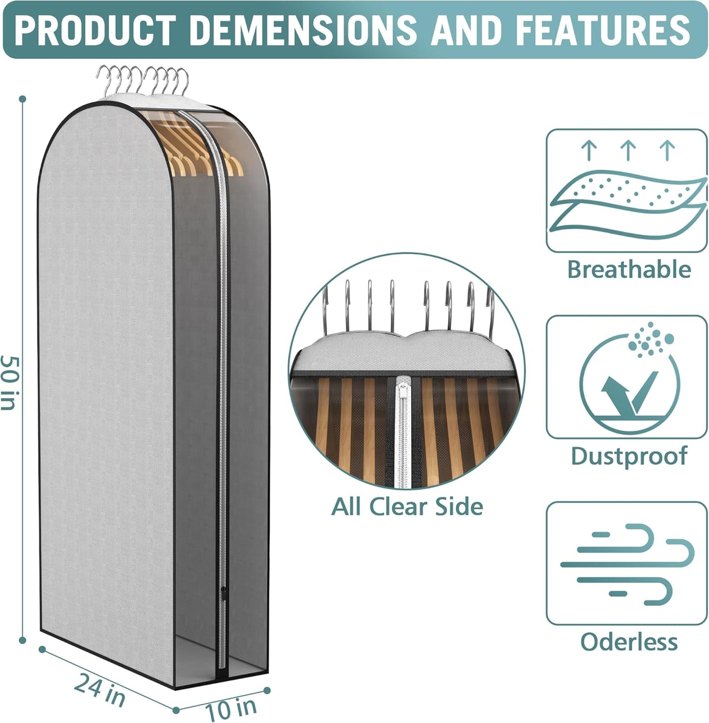 10" Gusseted Garment Bags for Hanging Clothes 50" Suit Bags for Open Closet Storage, Side Clear Clothing Cover for Coat, Dress, Jacket, Shirt, Fur Wardrobe Protector, 3 Packs, Grey