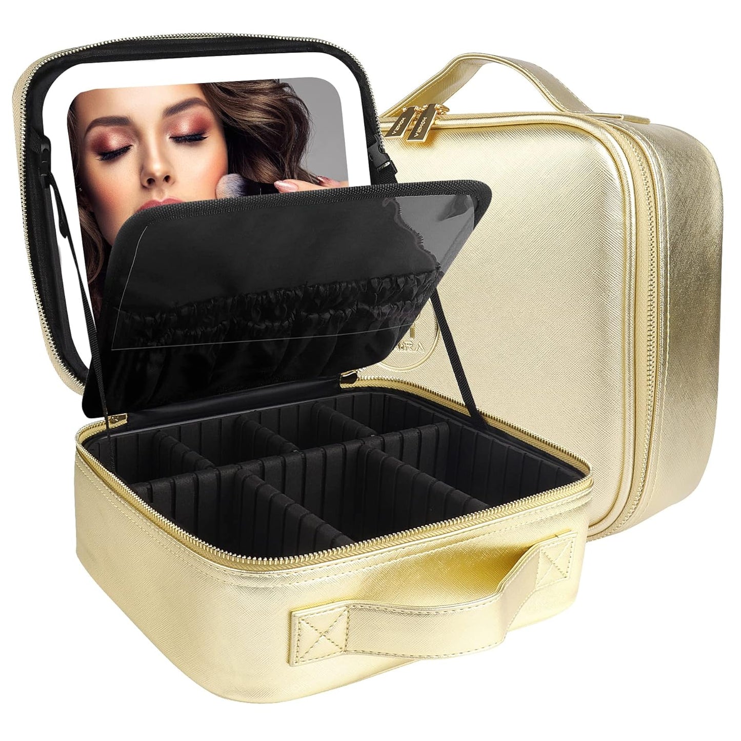 MOMIRA Makeup Bag with Mirror and Light Travel Makeup Train Case Cosmetic Bag Organizer Portable Artist Storage Bag with Adjustable Dividers Makeup Brushes Storage Organizer Golden