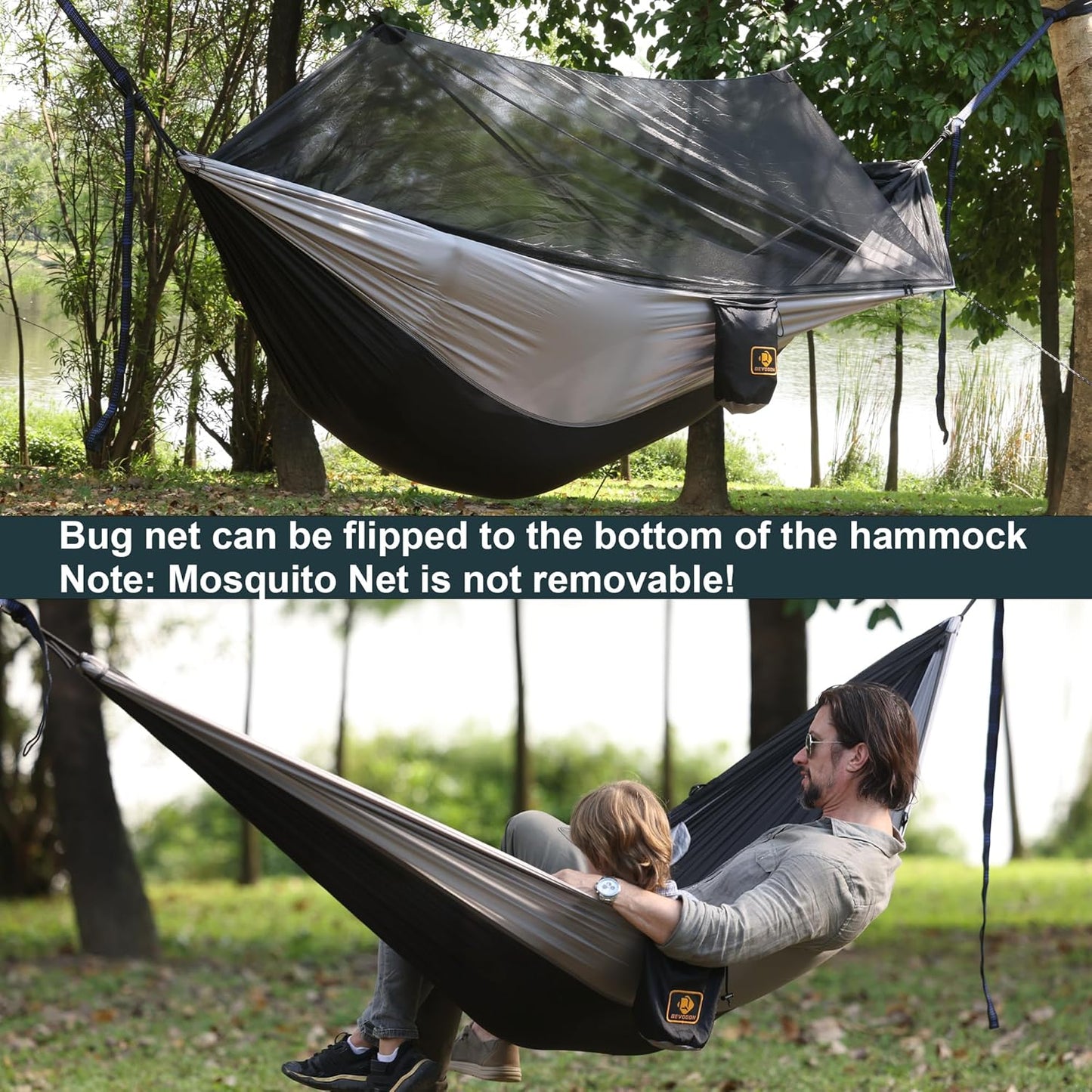 Camping Hammock with Net,Portable Lightweight Double Hammocks with Tree Straps and Solid D-Shape Carabiners,Parachute Nylon Hammock for Backpacking Beach Backyard Patio Hiking Black&Grey