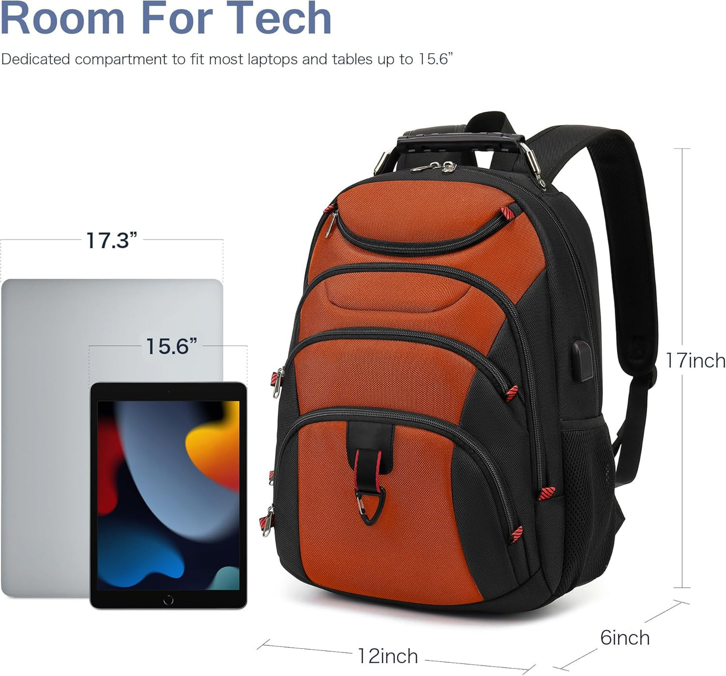 Boavan Laptop Backpack for men, 15.6 inch Laptop Bag with USB Port, Waterproof Travel Work Backpack Purse, Anti-Theft Teacher Nurse Doctor Casual Bookbags Office Business backpack，Deep Orange Black