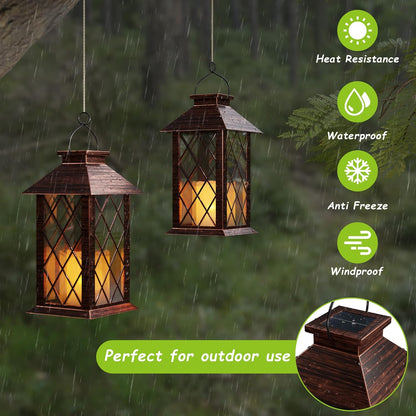 Outdoor Solar Lanterns, Waterproof Hanging Lantern with LED Flickering Flameless Candle, 13'' Bronze Outdoor Solar Powered Lantern Decor for Porch Patio Garden Balcony Pathway, 2 Pack