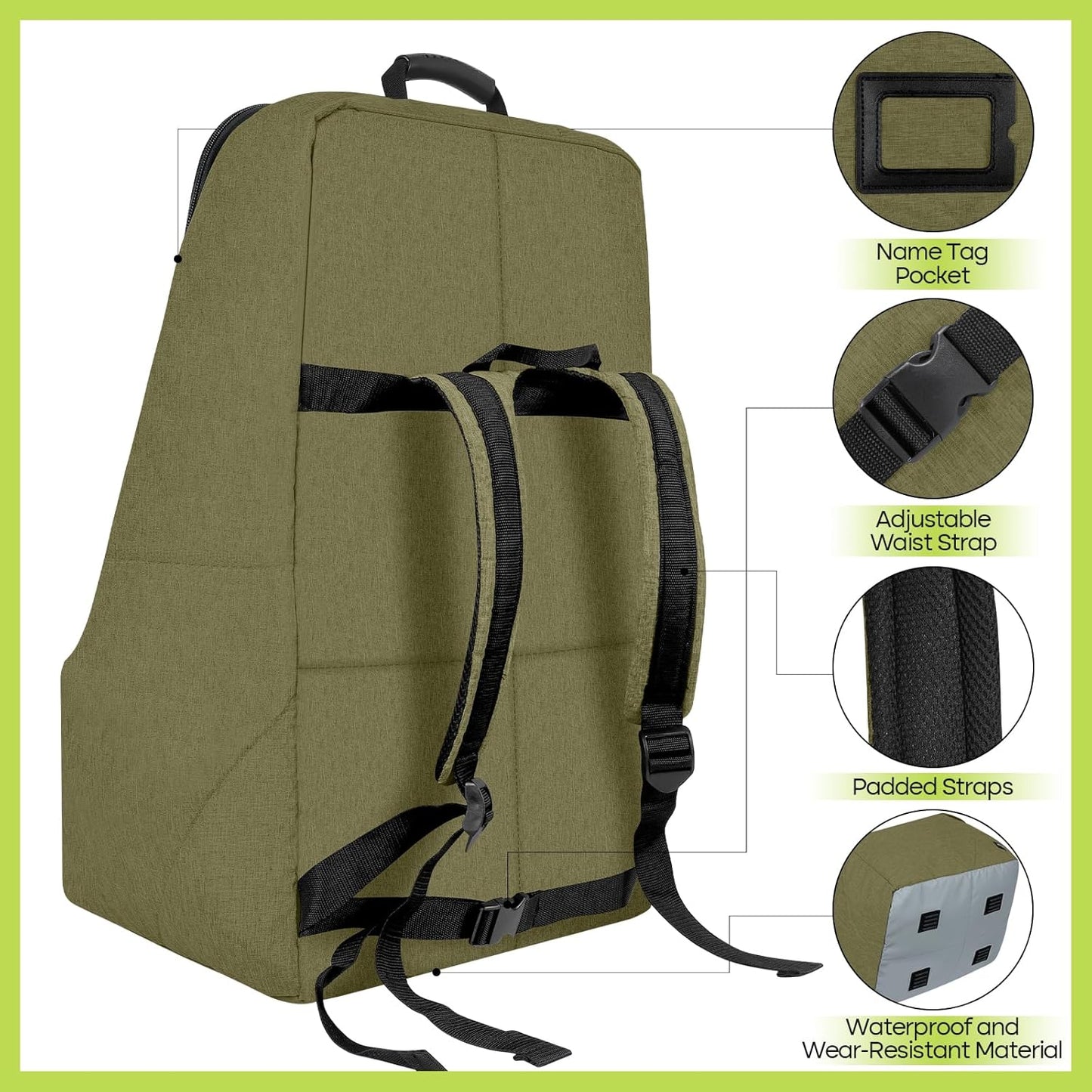 Padded Car Seat Travel Bag for Airplane, Heavy Duty Backpack for Air Travel, Water-Resistant Carrier with Shoulder Strap, Fits Most Car Seats (Green)
