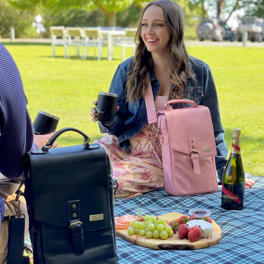 Insulated Genuine Leather Wine Bag With 2 Wine Tumblers. Best Travel Gifts For Women Wine Lovers. Wine Cooler Bag 2 Bottle Wine Carrier Set. Mom Birthday Gift Party Wife Picnic Pink Tote