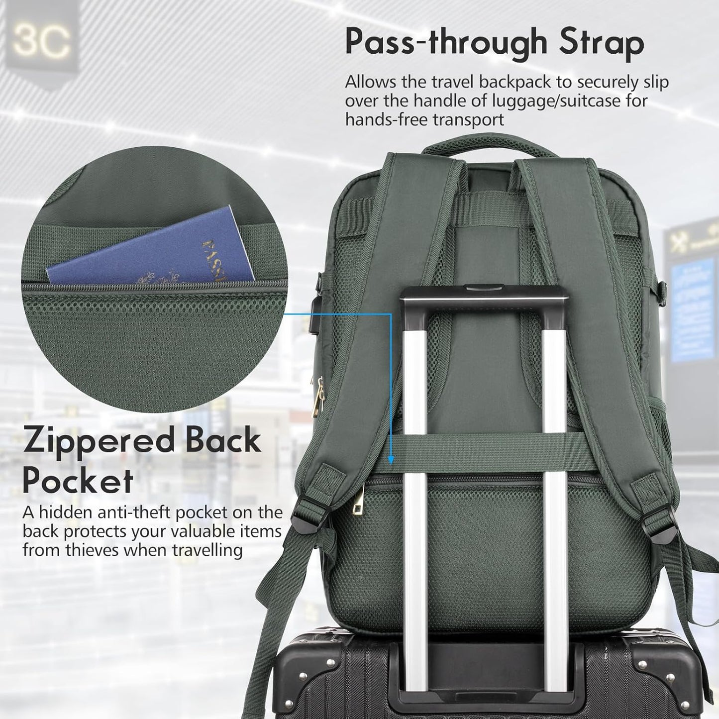 MOMUVO Large Travel Backpack Women, Flight Approved Carry On Backpack, Water Resistant Anti-Theft Large Casual Daypack Fit 17 Inch Laptop with USB Charging Port, Olive Green