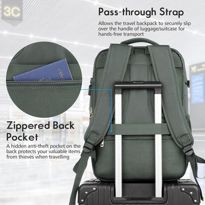 MOMUVO Large Travel Backpack Women, Flight Approved Carry On Backpack, Water Resistant Anti-Theft Large Casual Daypack Fit 17 Inch Laptop with USB Charging Port, Olive Green