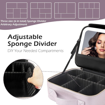 MOMIRA Travel Makeup Bag Cosmetic Bag Makeup Organizer Bag with Lighted Mirror, Adjustable Brightness in 3 Color Scenarios, Waterproof Makeup Train Case, Gift for Women - Violet grey
