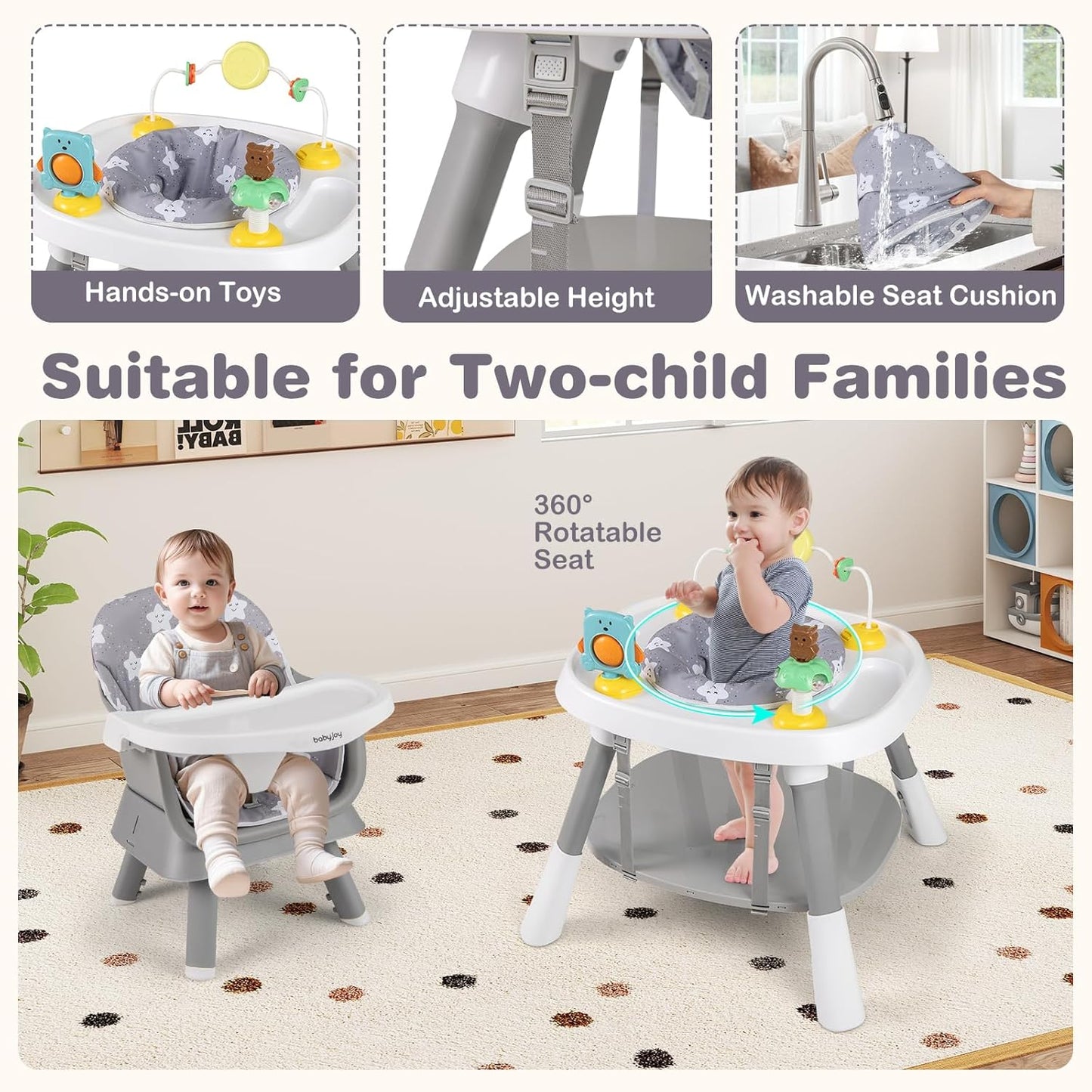 BABY JOY 16 in 1 High Chair, Convertible Baby Highchair for Babies and Toddlers with Activity Center, Booster Seat, Building Block Table, Toddler Chair with Safety Harness, Removable Tray (Gray)