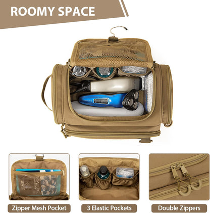 Tactical Toiletry Bag for Men, Hanging Hygiene Bag, Travel Dopp Kit Organizer for Shaving, Shower Essentials and Toiletries, Khkai (Empty Bag)