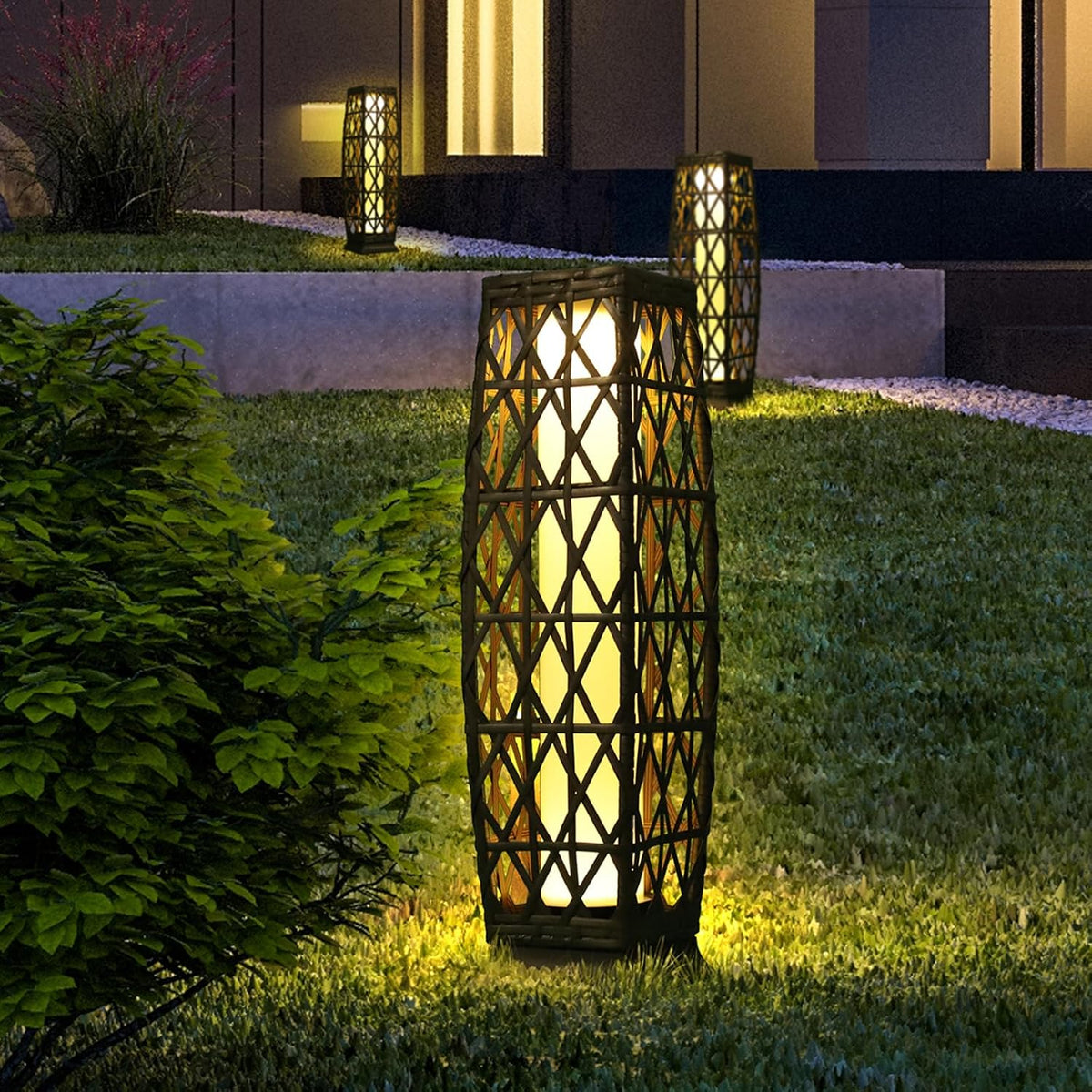 Solar Floor Lamp,Outdoor Floor Lamp,Solar Lanterns Outdoor Waterproof,Solar Powered Resin Wicker Lamp,Weather-Resistant Rattan Deck Light for Porch, Garden,Patio,Deck