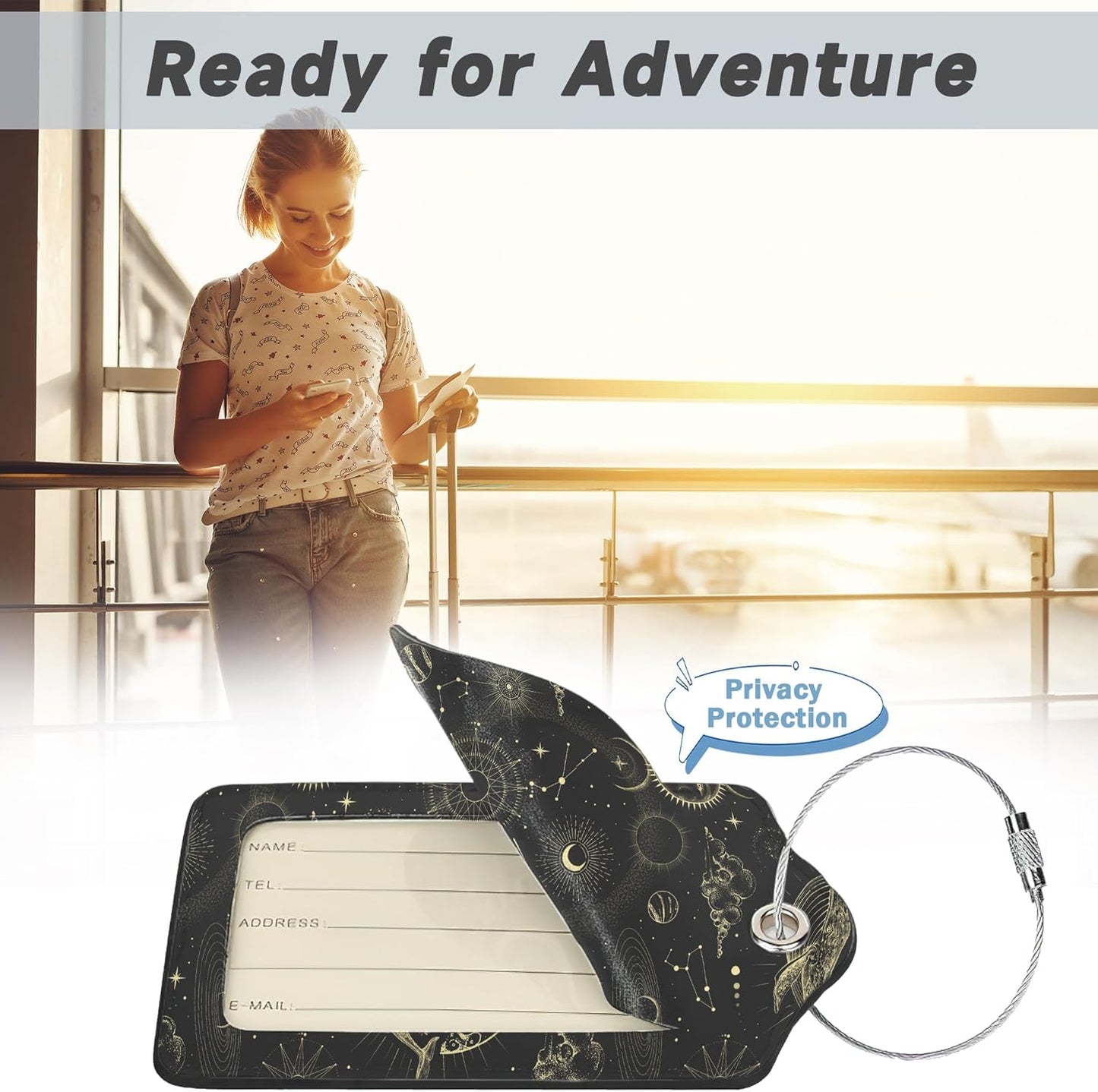 Vintage Sun Luggage Tags for Suitcases,2 Pack Stars Planets Luggage Tag,Leather Stainless Steel Loop Label Tag for Women Men Girls Travel Bag Suitcase