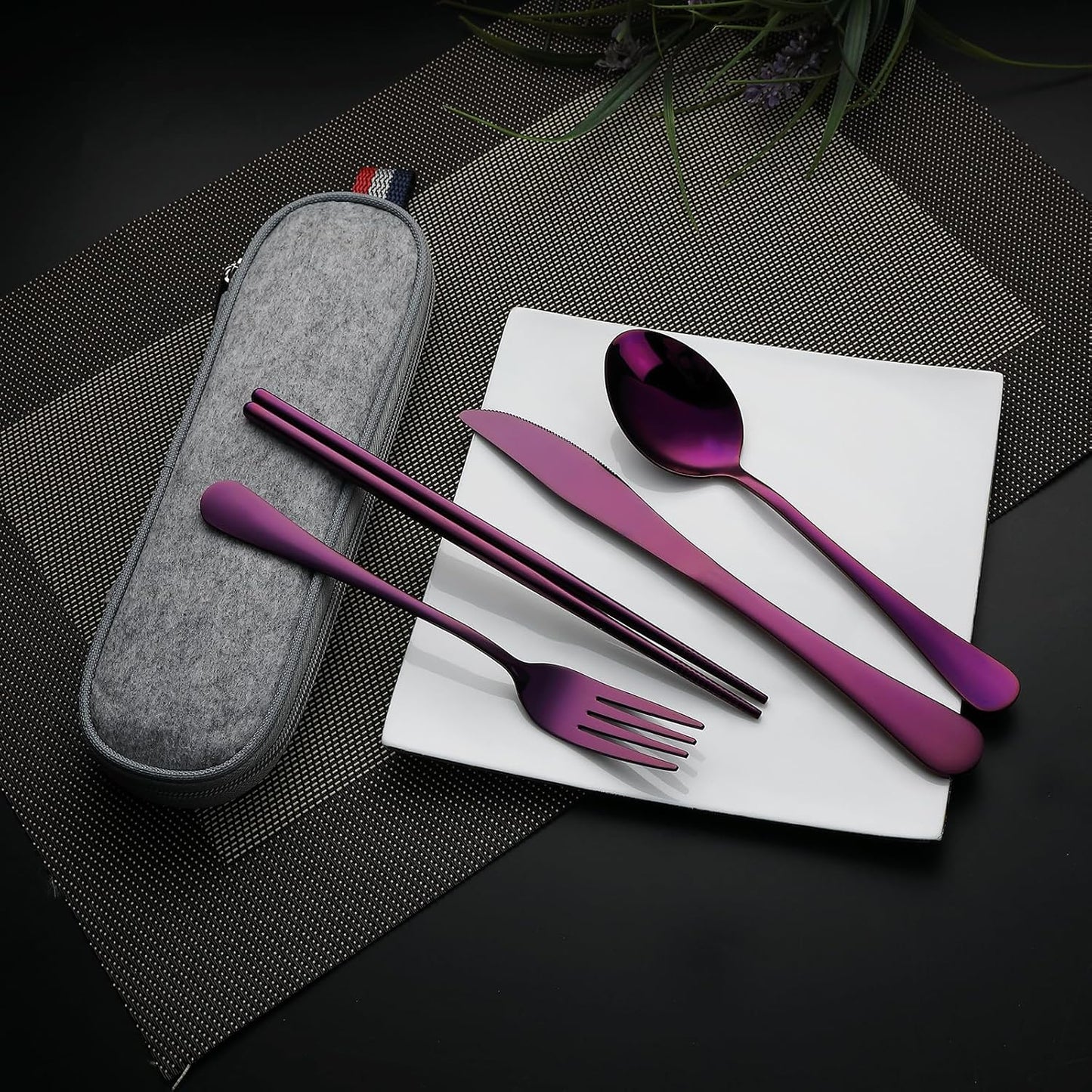 DEVICO Camping Utensils, Portable Travel Utensils with Case, Stainless Steel Reusable Silverware for Lunch Adult, 5Pcs Cutlery Set Includes Knife Spoon Fork Chopsticks and Case (Purple)