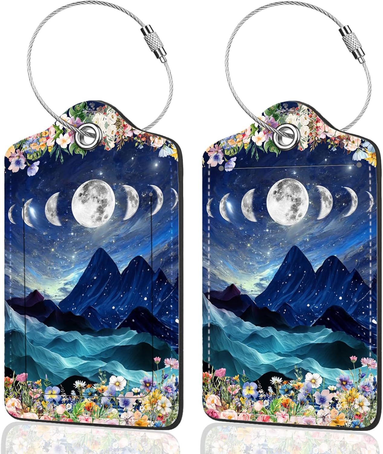 2Pack Luggage Tags for Suitcases, Cute Unique Pu Leather Cruise Luggage Tag with Privacy Cover ID Label Address Card and Metal Ring Suitable for Women Men Kids Travel Bag Mountains and The Moon