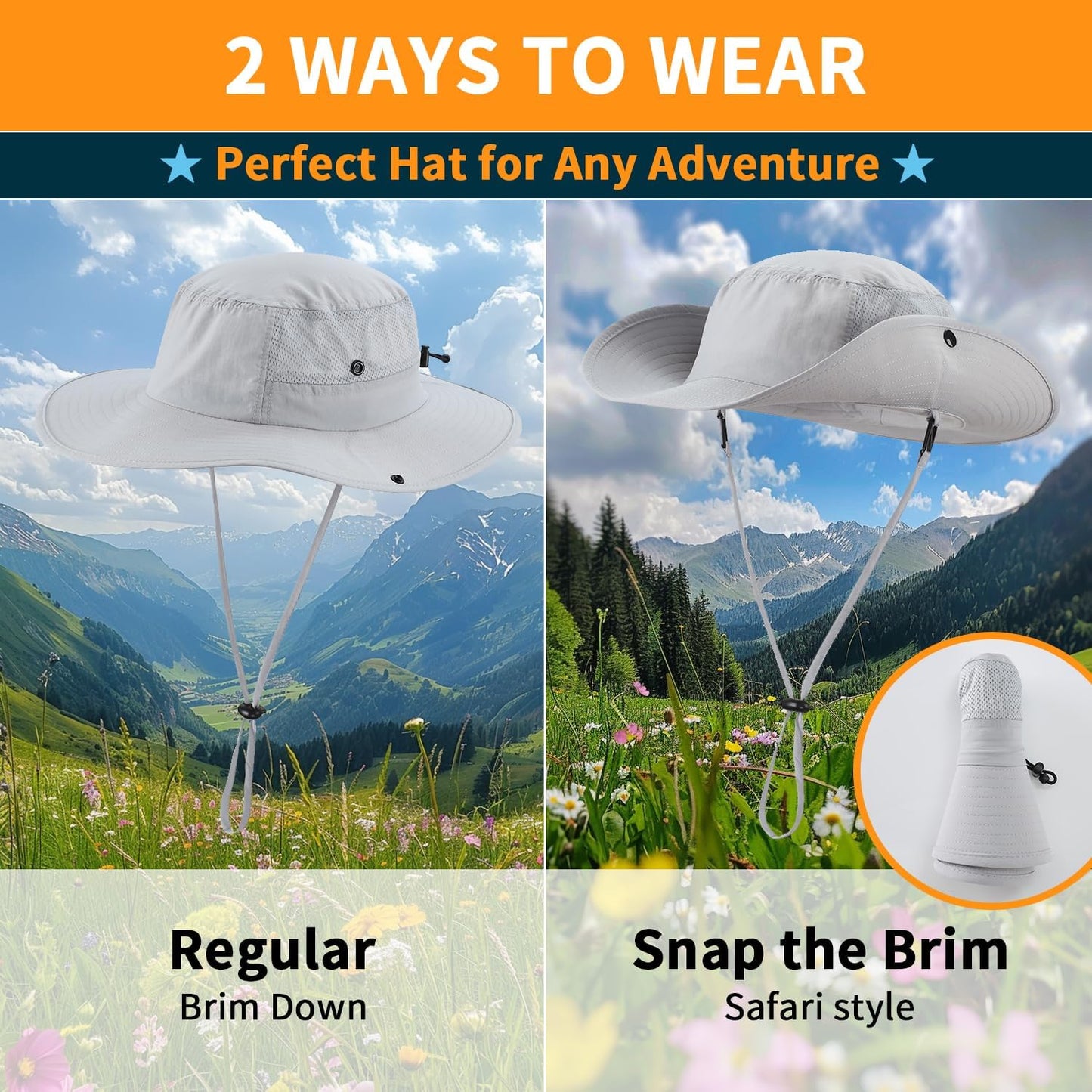 Home Prefer UPF50+ Mens Sun Hat Wide Brim Womens UV Protection Beach Bucket Hat for Fishing Hiking Snap Up Cowboy Hat