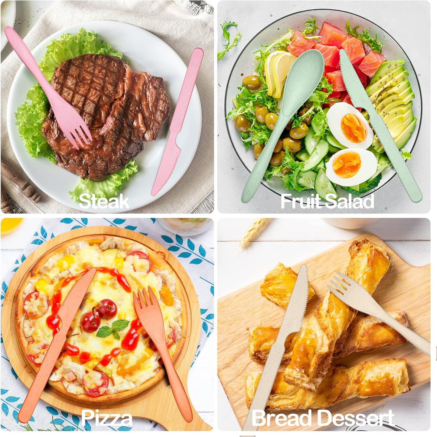 Reusable Travel Utensils Set with Case, 10 Sets Wheat Straw Portable Knife Fork Spoons Cutlery, Eco-Friendly BPA Free Plastic Tableware for Kids Adults Travel Picnic Camping Silverware