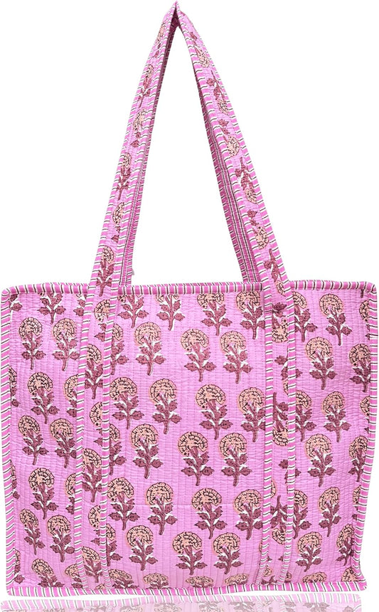 Cotton Quilted Tote Bag for Women – Large Beach & Travel Tote with Zipper, Reusable Grocery Bag