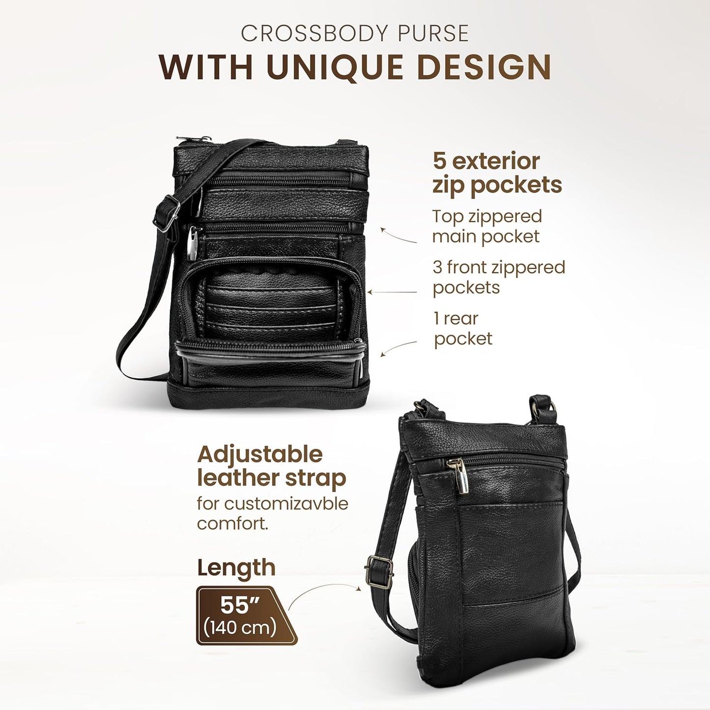 Krediz leather Crossbody Purses for Women, Multi Pocket Crossbody Purse with Adjustable Strap, Soft & Durable Leather Purse