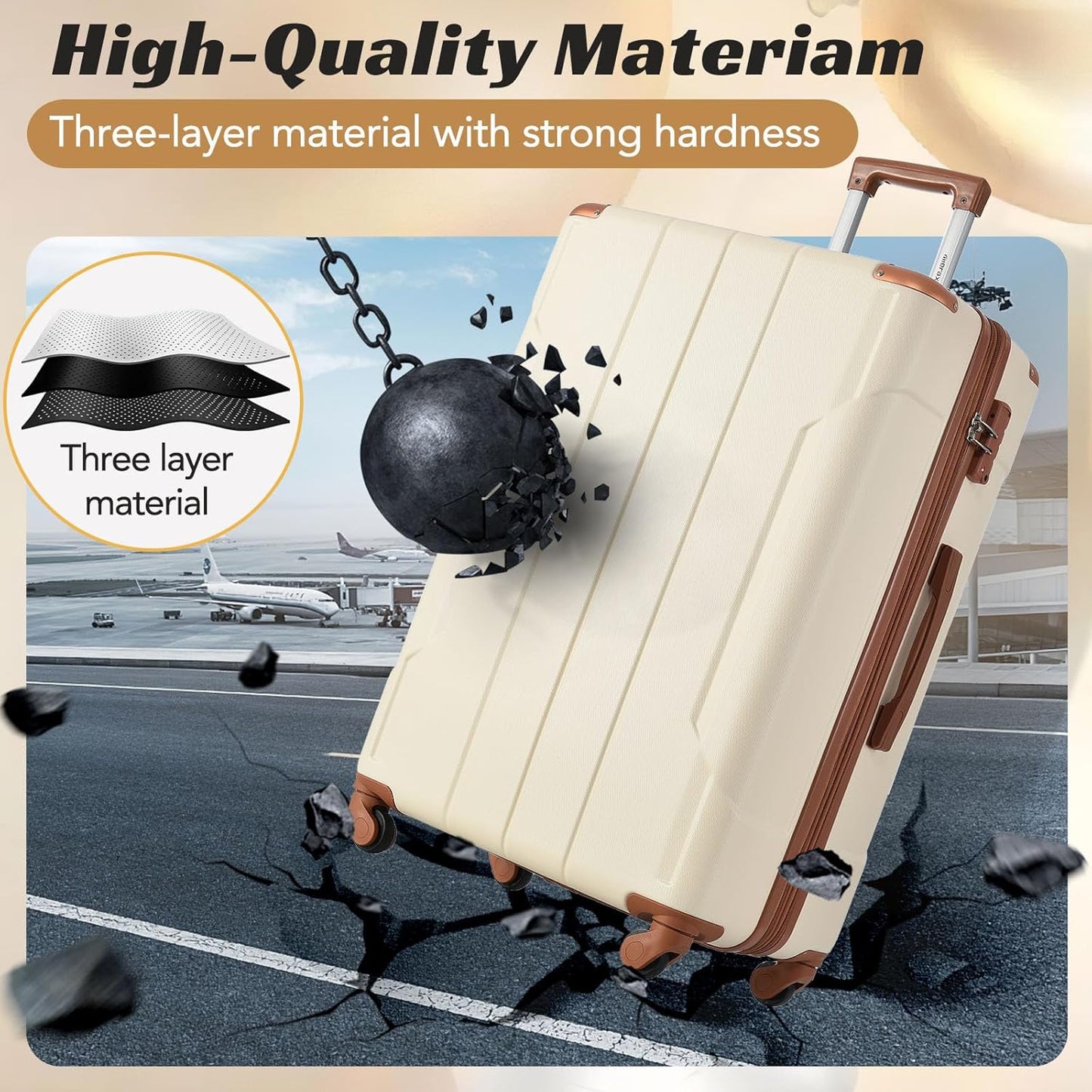 Merax Suitcases With Wheels Hardside Luggage Sets 3 Piece, Expandable And Lightweight, Travel Suitcases For Woman And Man (White Brown)