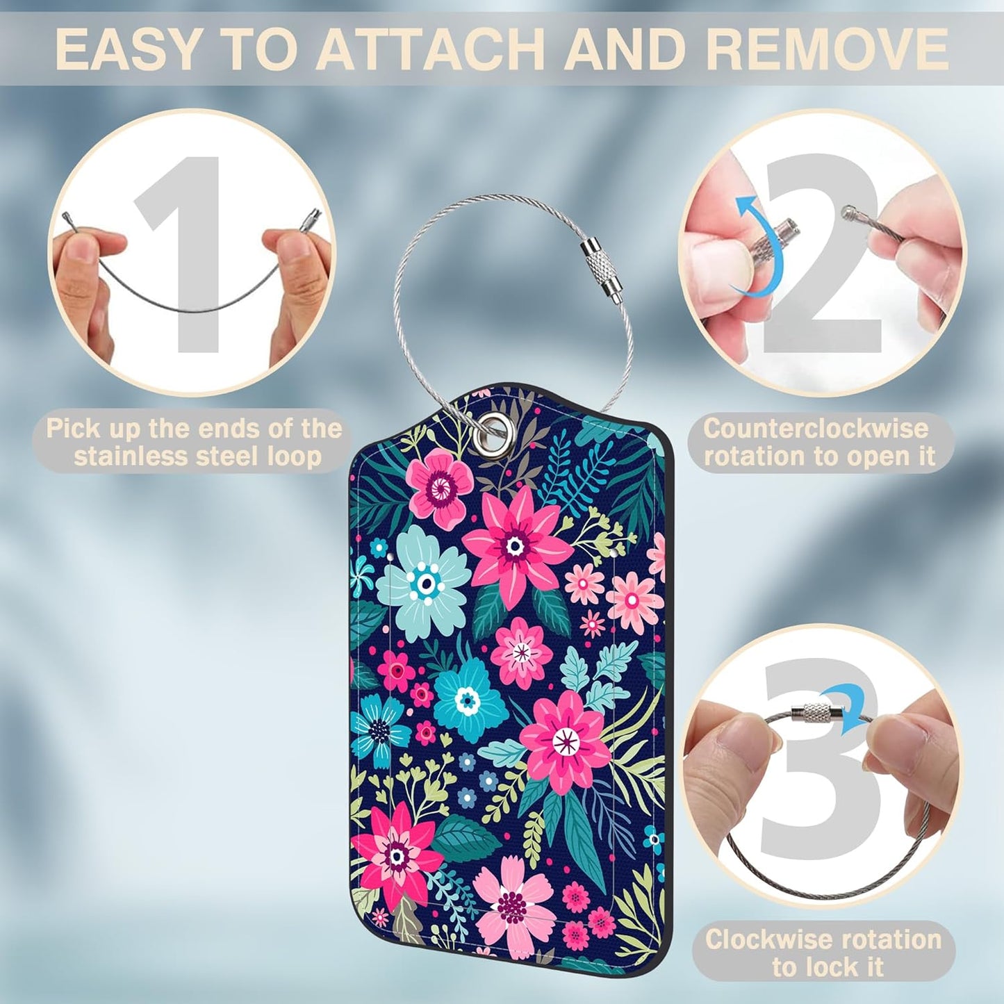 2 Pcs Colorful Flowers and Leaves Luggage Tags for Suitcases PU Leather Baggage Tags Name ID Label with Privacy Cover and Stainless Steel Loop for Men Women Travel Bag Suitcase