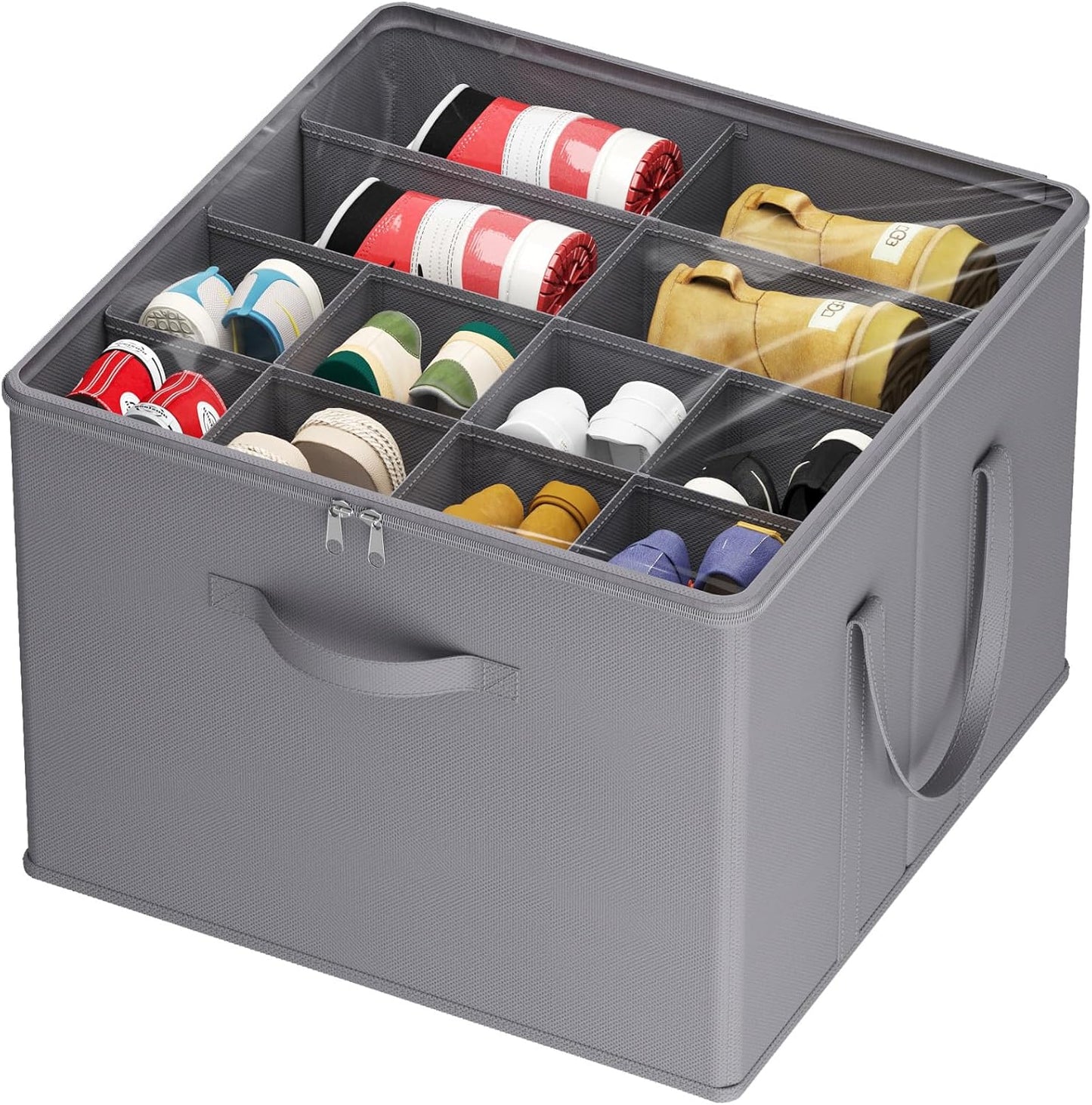 Lifewit Shoe Storage Organizer for Closet, Fits 12-16 Pairs, Large Shoe Box Storage Containers with Clear Cover and Reinforced Handles, Foldable Storage Bins Fit for Boots Heels Sneakers, 1 Pack Gray