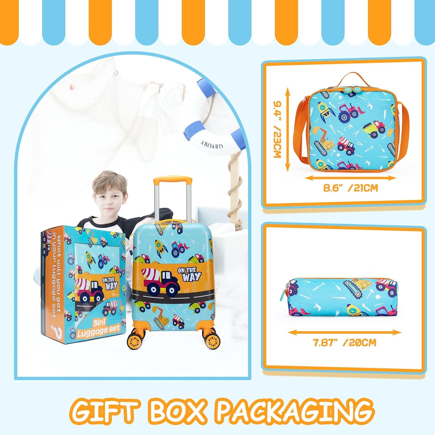 Kid’s Luggage Set 5 Piece Suitcase Set 16’’ Hardside Luggage with Spinner Wheels Girls Boys Carry on Toddler Luggage Travel Rolling Luggage Carry on Luggage Airline Approved Car