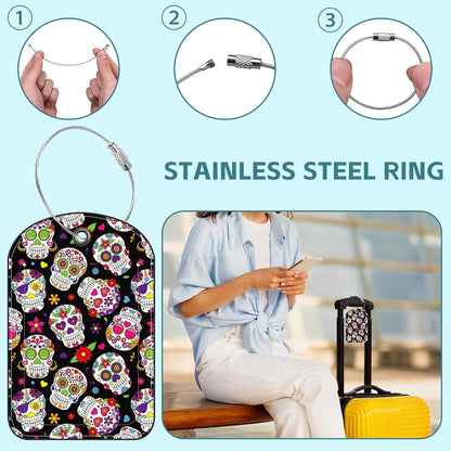 2 Pack Cute Luggage Tag for Suitcases Day of The Dead Sugar Skull Leather Luggage Tags with Stainless Steel Loop Privacy Flap Name Tags,Men and Women Travel Bag Suitcase Tags