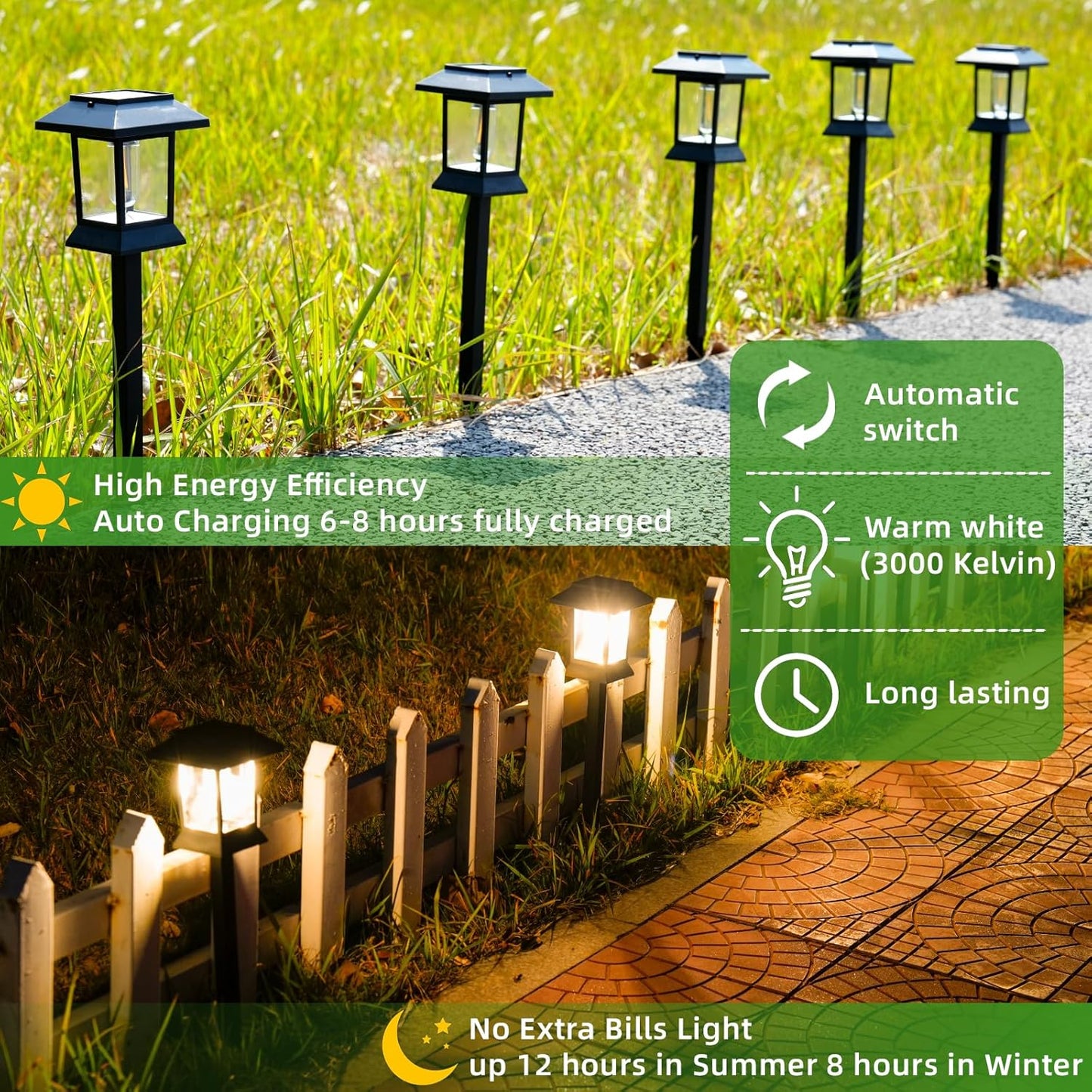 6 Pack Solar Pathway Lights Outdoor Waterproof, Dual-Use Stake & Hanging Lantern, 17 Inch ABS Warm White 3000K, 1000mAh Ni-MH Battery & Monocrystalline Panel, Auto On/Off for Garden Yard Patio Walkway