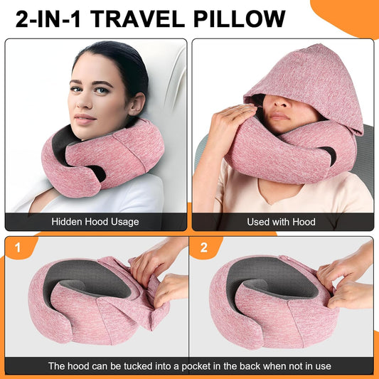 Travel Pillow - Hooded Neck Pillow Airplane Memory Foam Filling for Plane, Office, Cars Sleeping, Road Trip, Long Flights, Portable Plane Accessories, Includes Eye Mask & Earplugs (Red)
