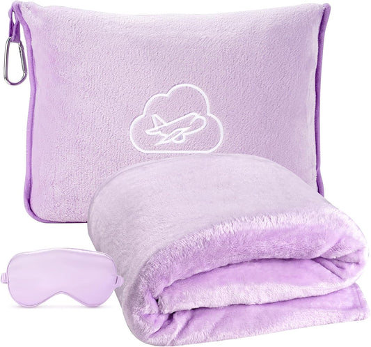 Travel Blanket, 3-in-1 Ultra-Soft, Warm & Lightweight Travel Blanket Airplane with Bag, 65x40 in, Airplane Travel Essentials for Women, Men & Kids with Eye Mask, Luggage Sleeve & Backpack Clip