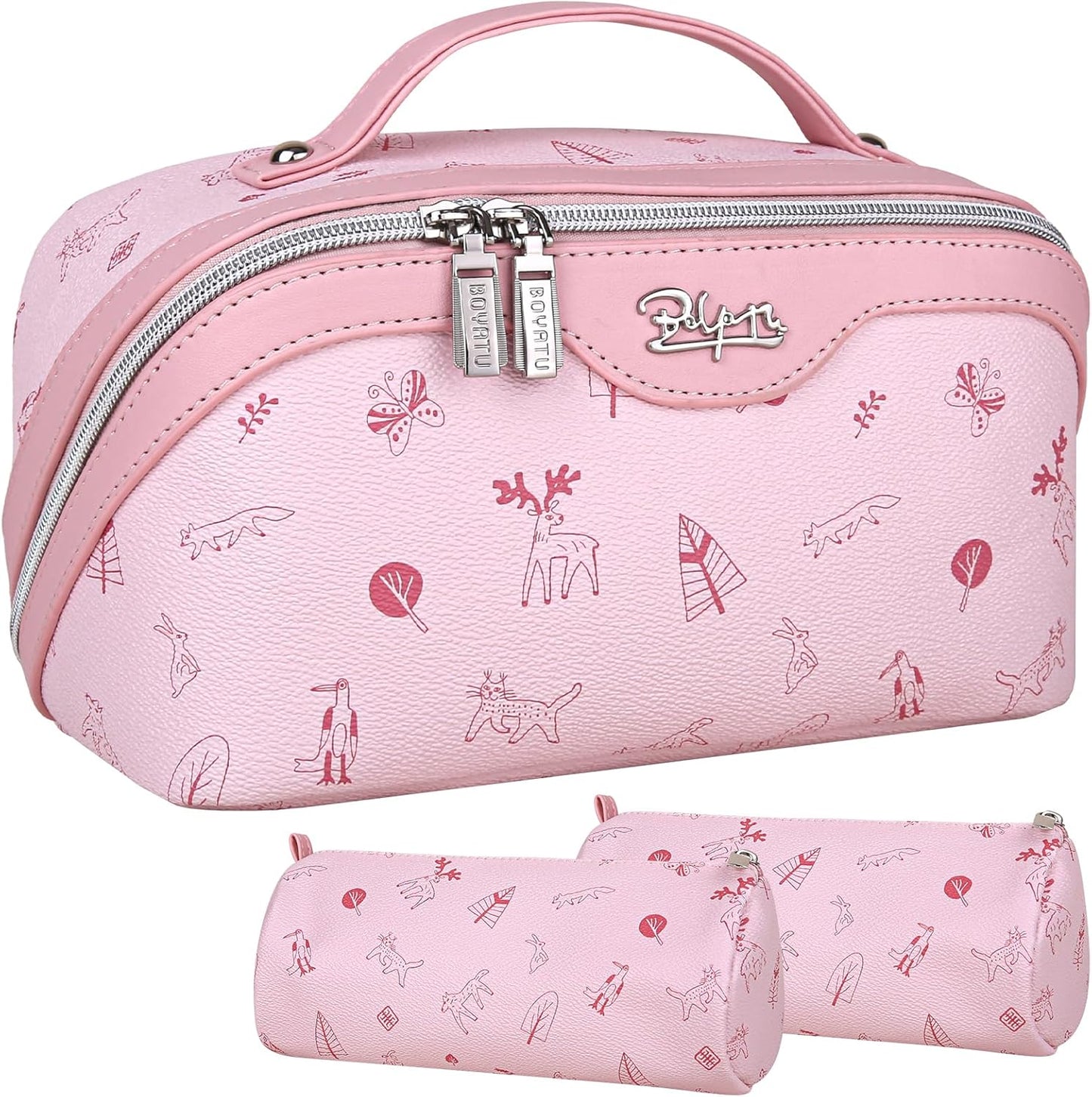 BOYATU Travel Makeup Bag Cosmetic Bags for Women: 3 Pcs Set Portable Make up Bag with Handle - Vegan Leather Toiletry Bags with Compartments - Makeup Organizer for Travel Essentials(04-Pink)