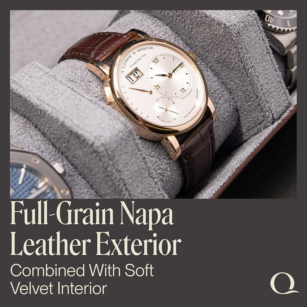 Napa Leather Watch Rolls for Men - Hexagon Triple Watch Roll Travel Case for 3 Watches - Storage Organizer Genuine Leather with Velvet Interior Display (Brown/Gray)