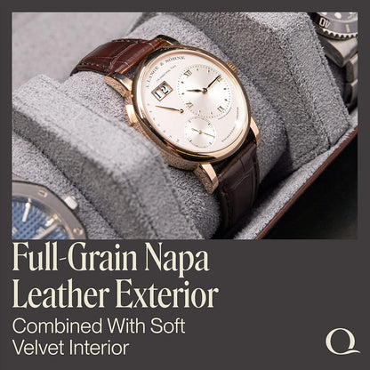 Napa Leather Watch Rolls for Men - Hexagon Triple Watch Roll Travel Case for 3 Watches - Storage Organizer Genuine Leather with Velvet Interior Display (Brown/Gray)