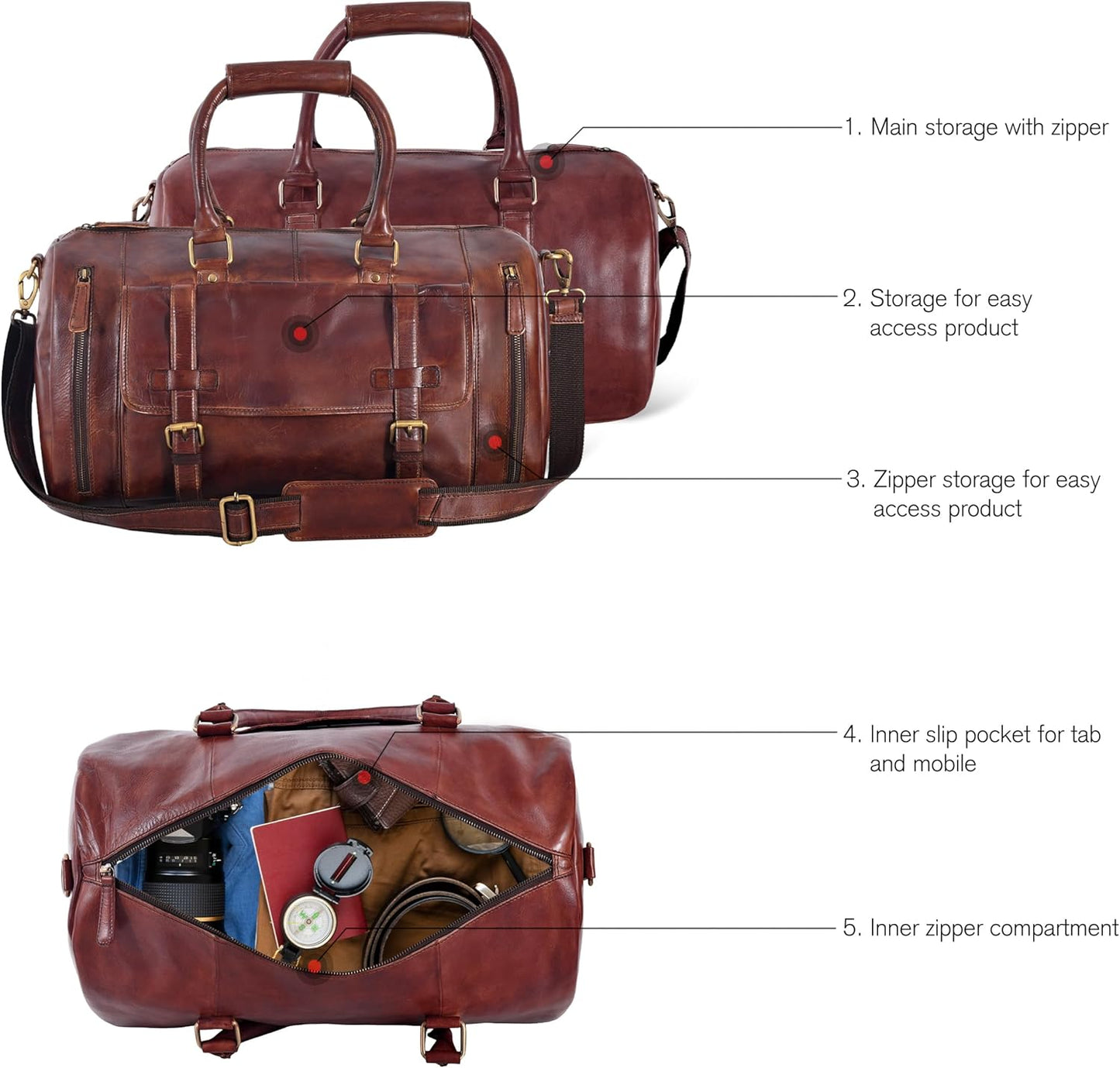 Genuine Leather Duffle Bag for Men | Vintage Weekender Travel Bag | Overnight Carry-On Luggage | Handmade Leather Gym Bag for Men