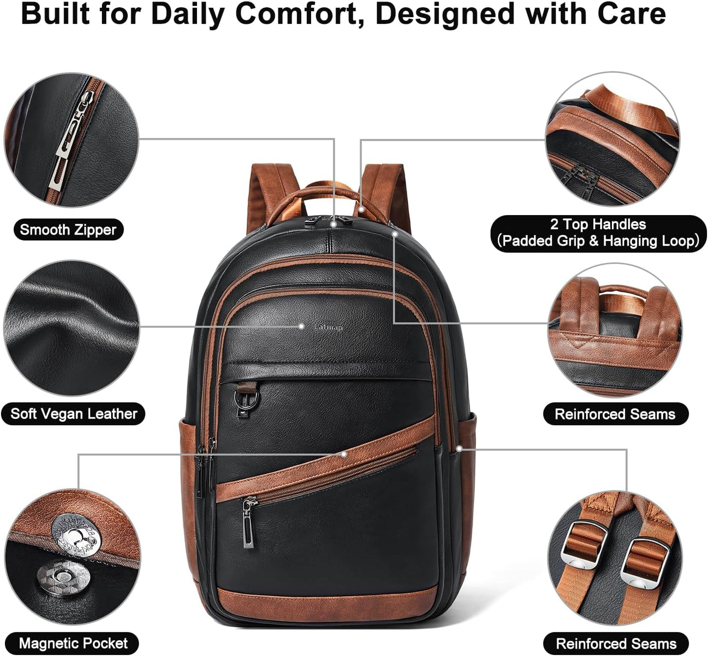 43L Backpack for Women Men - Vegan Leather Backpack Purse Travel Carry-on Bag College Bookbag Work fits 17" Laptop,Black&Brown