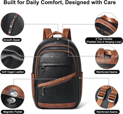 43L Backpack for Women Men - Vegan Leather Backpack Purse Travel Carry-on Bag College Bookbag Work fits 17" Laptop,Black&Brown