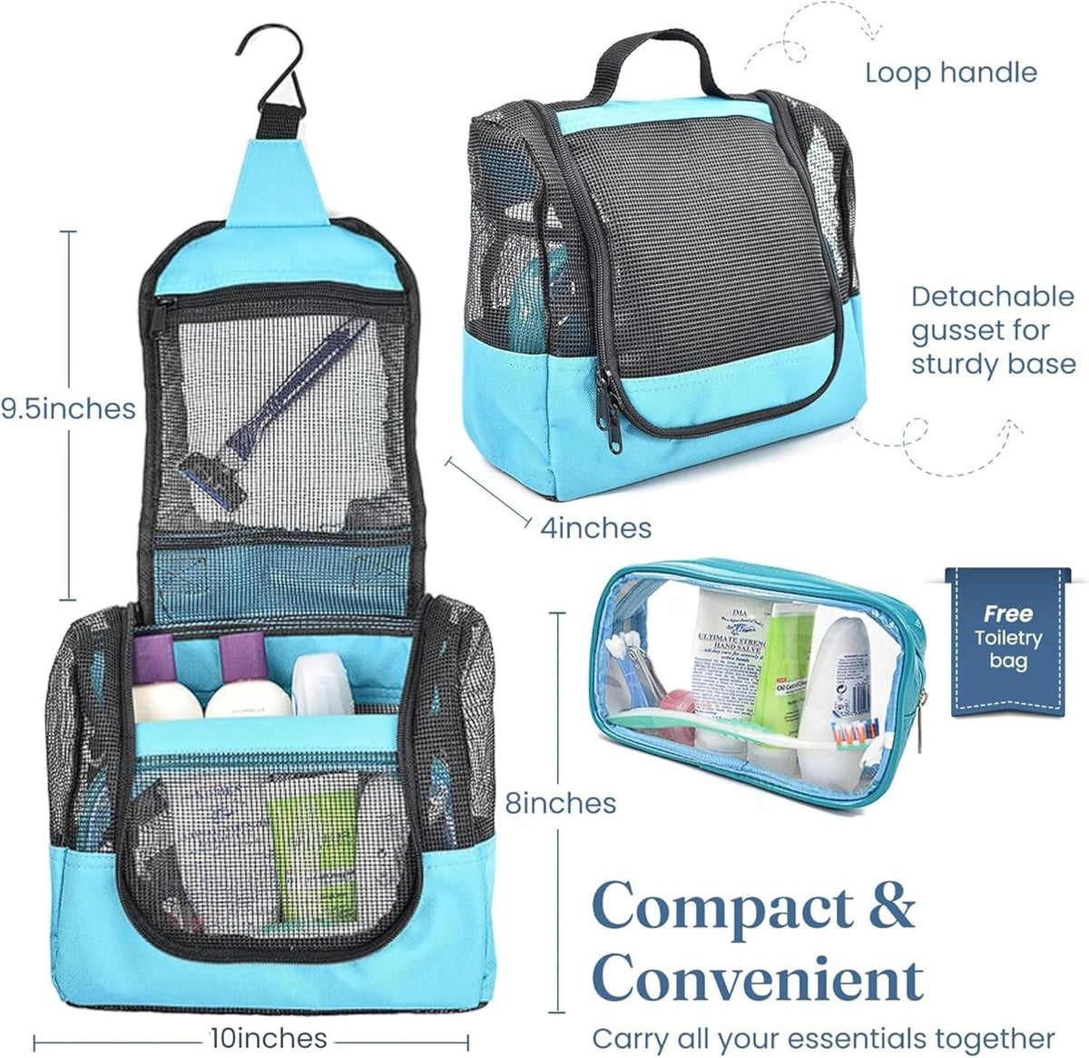 The Fine Living Co. Portable Hanging Shower Caddy Organizer Bag (Free Toiletries Case+Metal Hook) Quick Dry Mesh Shower Caddy Tote Bag Pouch For Bathroom College Dorm Camp Gym Camping 10”x4”x8”(Aqua)