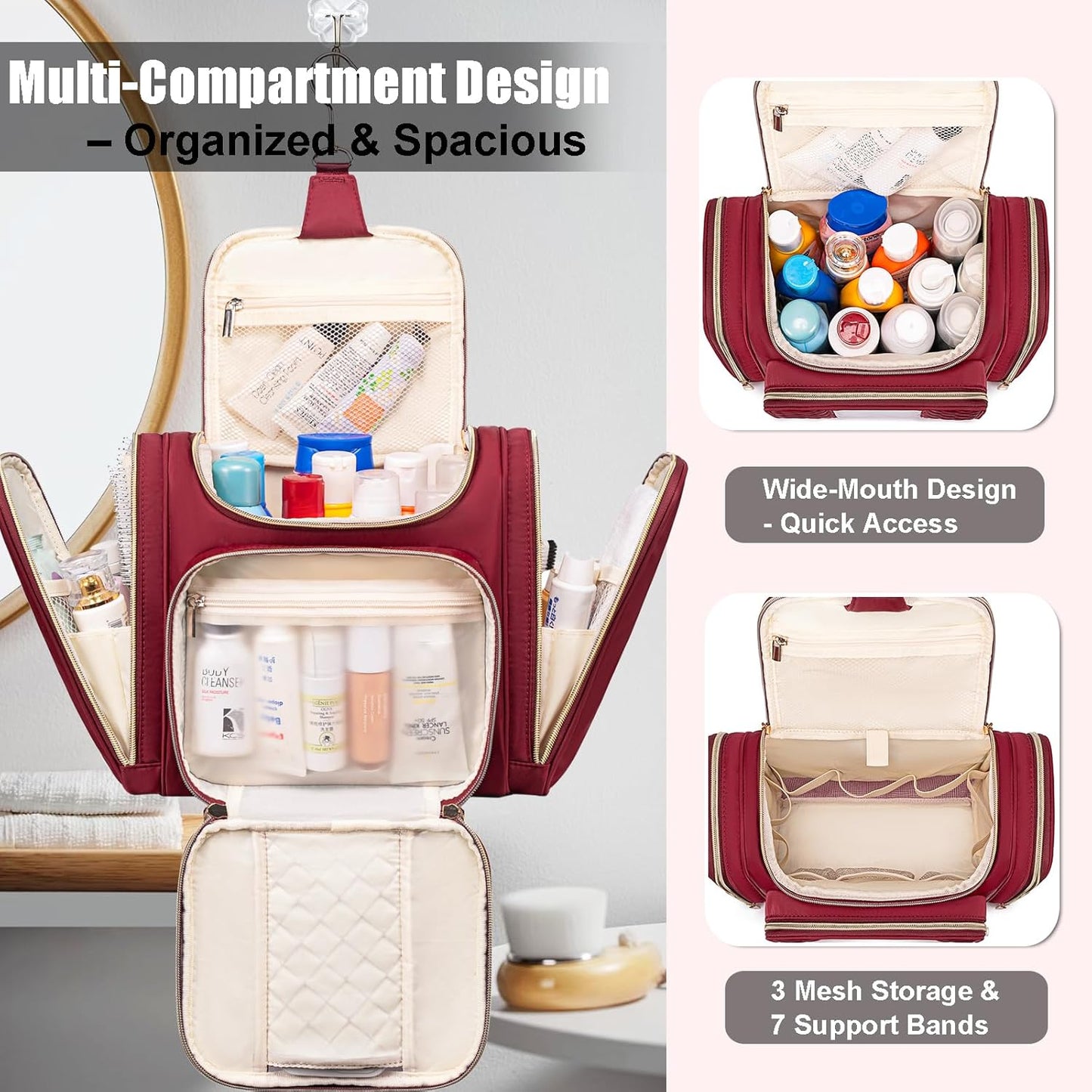 Travel Toiletry Bag for Women, Hanging Toiletry Bag, Bathroom Bag Portable Shower Caddy for College Dorm Travel Shower Bag for Women Water-Resistant Cosmetic Makeup Bag (Red)