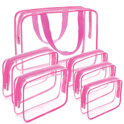 APREUTY Clear Makeup Bags, TSA Approved 6 Pcs Cosmetic Makeup Bags Set Clear PVC with Zipper Handle Portable Travel Luggage Pouch Airport Airline Vacation Organization (Rose Red)