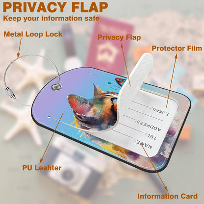 2 Pack PU Luggage Tags for Suitcase, Watercolor Cat and Butterfly Suitcase Tag Leather ID Label Bag Tags with Privacy Cover and Metal Loop for Men Women Travel Bag