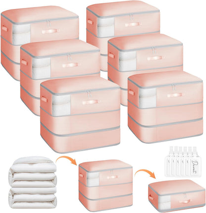 6 Pack Compression Storage Bags - 110L Large Capacity Comforter Storage Bag, 3-Layer Washable Ultra Space Saving Self Compression Organizer Space Bags for Blankets, Sweaters, Sheets, Pink
